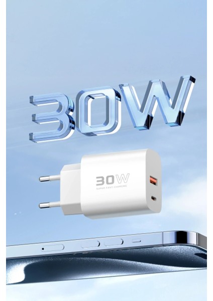 C89Q 1 Adet 30W Type-C ve 1 Adet 22.5W USB Çıkışlı Ekstra DL49 1m USB To Type-C Kablolu Pd Şarj Cihazı - Beyaz