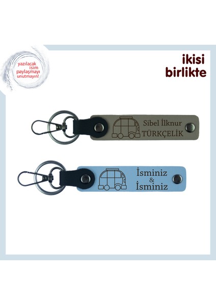 Gezgin Ruhlara Yolculuk Temalı Anahtarlık, Karavan Figürlü 2’li Set, Isim Yazılı, Kül Gri-Gök Mavi