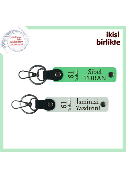 Şehir Sevgisini Taşıyan Kişisel Deri Anahtarlık 2'li Set, 61 Trabzon Yazılı, Fıstık Yeşil-Beyaz