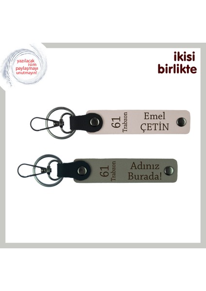 Sevgiyle Hazırlanmış 61 Trabzon Temalı Hatıra, Deri Anahtarlık Takımı, Isim Yazılı, Pudra-Kül Gri