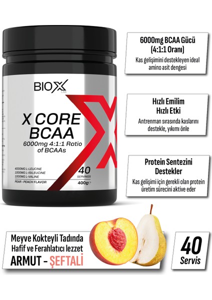 Bioxlab X-Core Bcaa Şeftali & Armut Mix Aromalı - 400 gr - 40 Servis Amino Asit