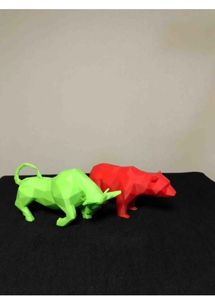 3D Baskı Boğa ve Ayı Figürleri – Borsa Dekoru | Yeşil Boğa & Kırmızı Ayı | Masa Üstü Dekoratif Obje