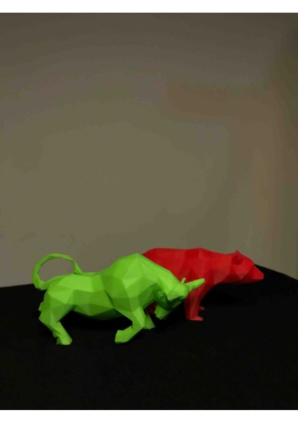 3D Baskı Boğa ve Ayı Figürleri – Borsa Dekoru | Yeşil Boğa & Kırmızı Ayı | Masa Üstü Dekoratif Obje modelleri