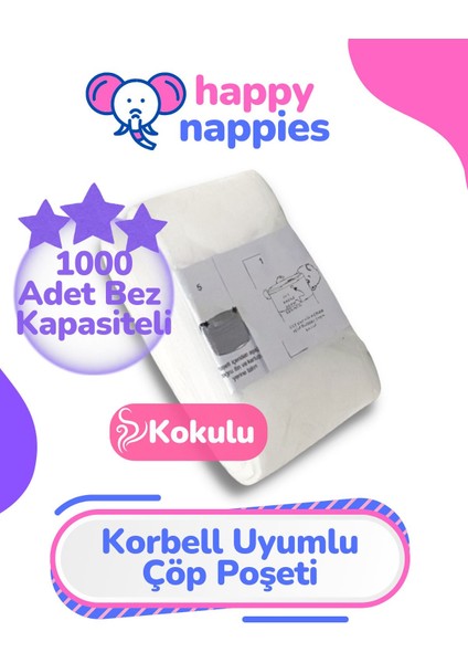 16L Korbell Çöp Kovası Ile Uyumlu 1000 Adet Bebek Bezi Kapasiteli Çöp Poşeti - 18 Metr