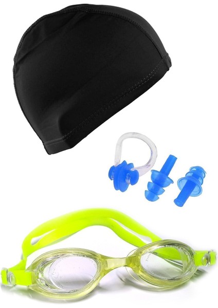Yeşil Silikon Çocuk Yüzücü Seti, Kulak Tıkacı, Burun Klipsi ve Bonesi