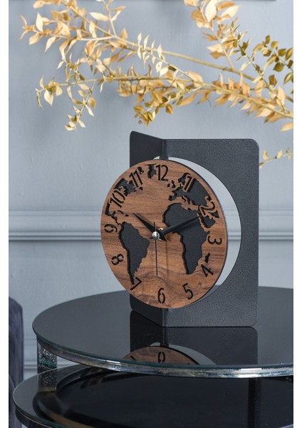 Şık 19X15 cm Metal-Ahşap Masa Üstü Dekoratif Saat, Siyah ve Ceviz Tonlarında