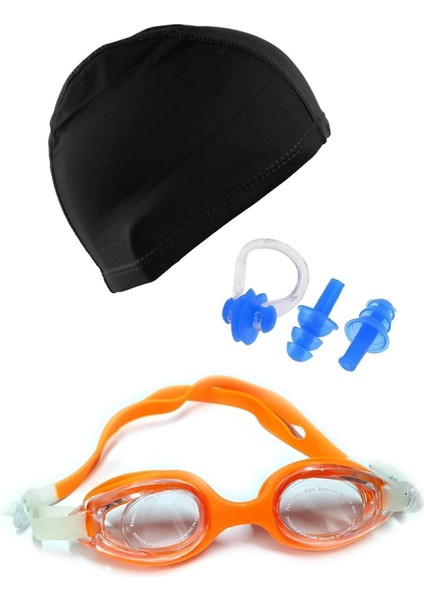 Turuncu Silikon Çocuk Yüzücü Seti, Kulak Tıkacı ve Burun Klipsi, Tam Set