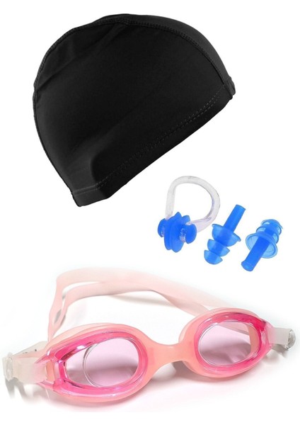 Renkli Çocuk Yüzücü Seti, Silikon ve Likra Kulak ve Burun Koruyucu, Tam Set