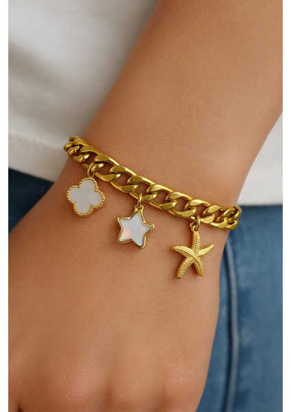 xtaki italyan charm bileklik, yıldızlı bileklik, gold bileklik, yonca bileklik, pandora bileklik, taki