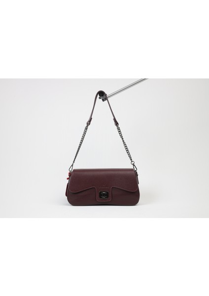 Bordo Renk Zincirli Stil Deri Çanta - 40387 , Orijinal Deri , Omuz Askılı Bayan Deri Çanta