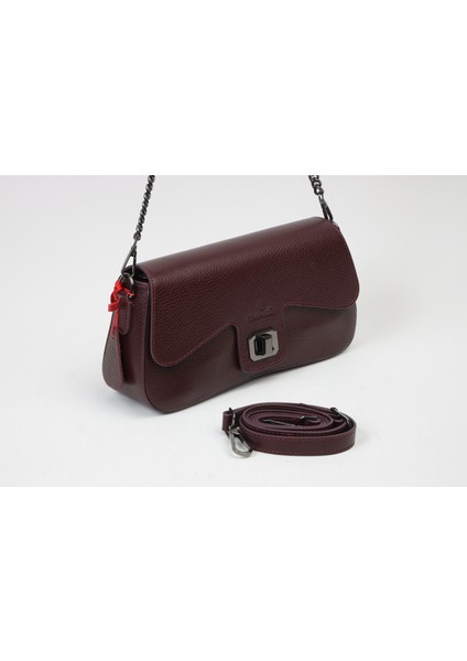 Bordo Renk Zincirli Stil Deri Çanta - 40387 , Orijinal Deri , Omuz Askılı Bayan Deri Çanta modelleri
