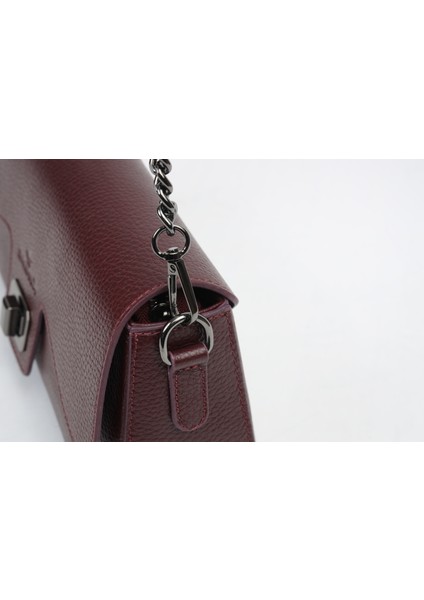 Bordo Renk Zincirli Stil Deri Çanta - 40387 , Orijinal Deri , Omuz Askılı Bayan Deri Çanta indirimleri