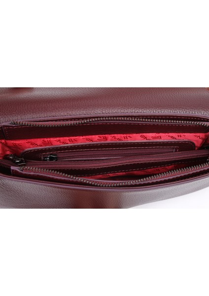 Bordo Renk Zincirli Stil Deri Çanta - 40387 , Orijinal Deri , Omuz Askılı Bayan Deri Çanta