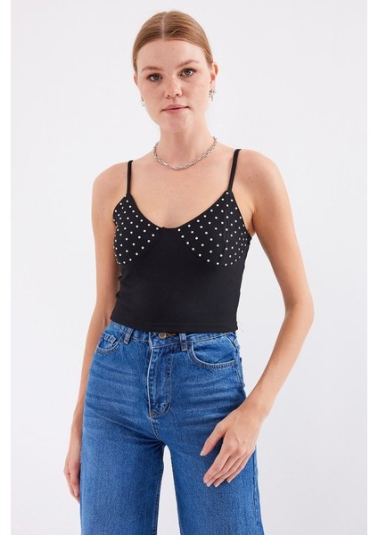 918 Ip Askılı Crop Top - Siyah