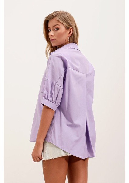 20213 Oversize Kısa Kol Basic Gömlek - Lila