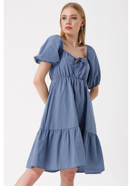 2351 Kloş Poplin Elbise - Indigo