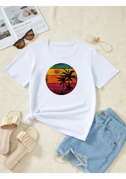 Kadın Kısa Kollu Palmiye Baskılı Viskon T-Shirt