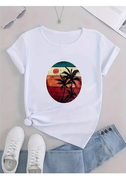Kadın Kısa Kollu Palmiye Baskılı Viskon T-Shirt
