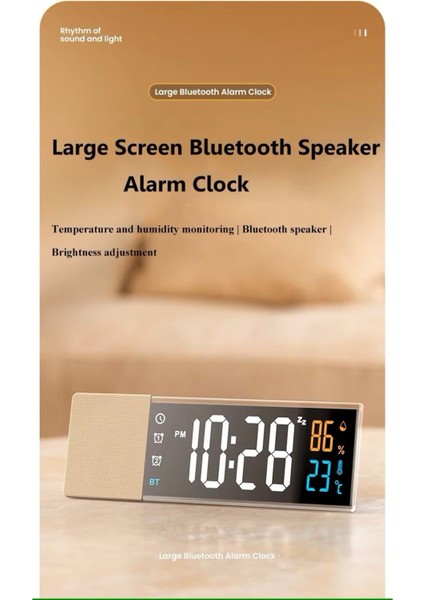 Şık Dijital Masa Saati, Bluetooth Hoparlör, Soundbar, Isı ve Nem Ölçer Bej