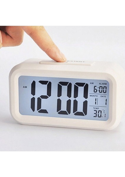Dijital Pilli Masaüstü Saat, LCD Ekran, Gece Işıklı, Alarmlı, Beyaz