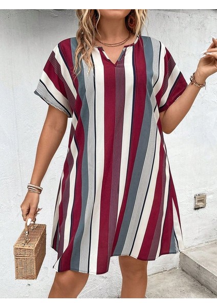Kadın Kısa Kollu V Yakalı Çizgi Baskılı Süprem Elbise