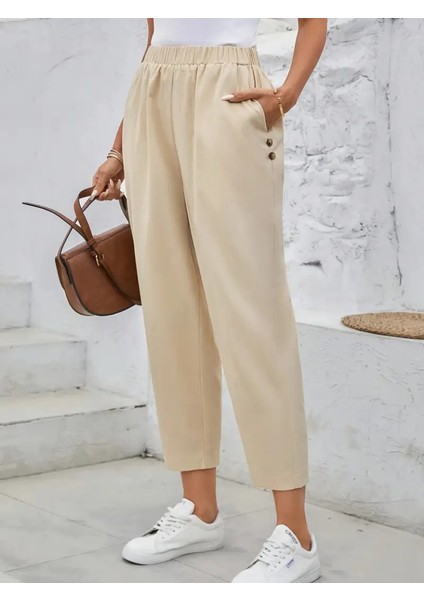 Kadın Yüksek Bel Yandan Cepli Düğme Detaylı Geniş Kesim Ithal Krep Pantolon