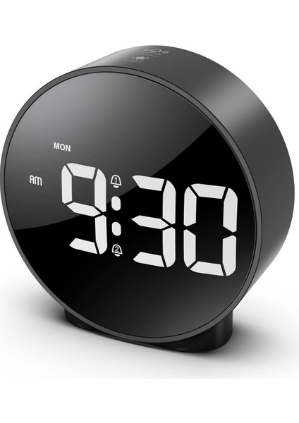 Modern Yuvarlak Siyah Dijital LED Masa Saati, USB Güç ve Erteleme Fonksiyonuyla.