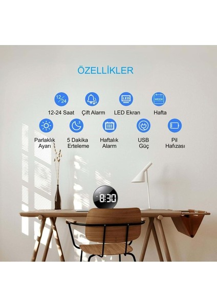 Modern Yuvarlak Siyah Dijital LED Masa Saati, USB Güç ve Erteleme Fonksiyonuyla. fiyatları