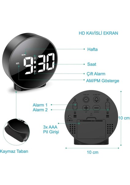 Modern Yuvarlak Siyah Dijital LED Masa Saati, USB Güç ve Erteleme Fonksiyonuyla.