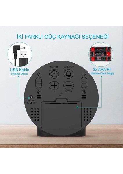 Modern Yuvarlak Siyah Dijital LED Masa Saati, USB Güç ve Erteleme Fonksiyonuyla.