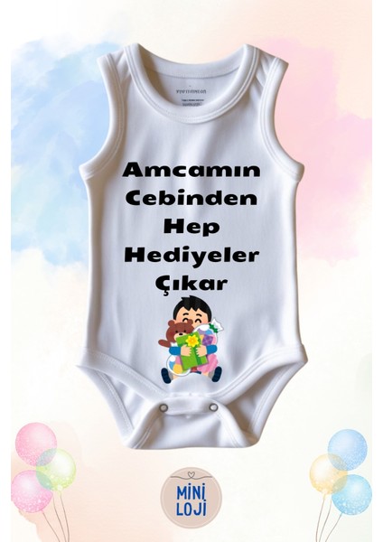 Amcamın Cebinden Hep Hediyeler Çıkar Yazılı Özel Tasarım Bebek Zıbın Body – %100 Pamuklu, Unisex