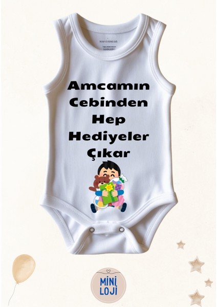 Amcamın Cebinden Hep Hediyeler Çıkar Yazılı Özel Tasarım Bebek Zıbın Body – %100 Pamuklu, Unisex modelleri