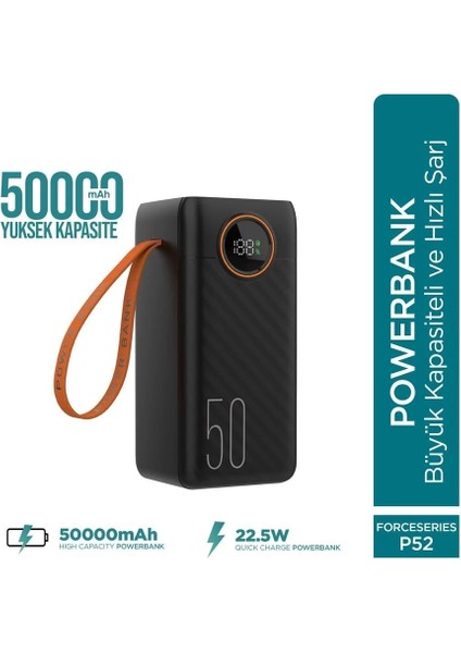Force P52 50000MAH 22.5W Hızlı Şarj Cihazı - Dahili Kablolu - Fast Powerbank - Dijital Ekran - Taşınabilir Şarj Cihazı