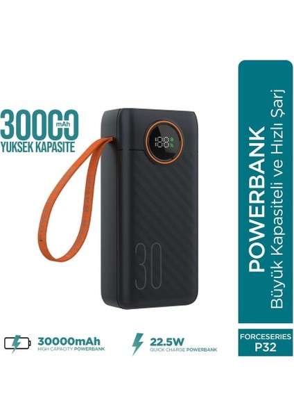 Force P32 30000MAH 22.5W Hızlı Şarj Cihazı - Dahili Kablolu - Fast Powerbank - Dijital Ekran - Taşınabilir Şarj Cihazı
