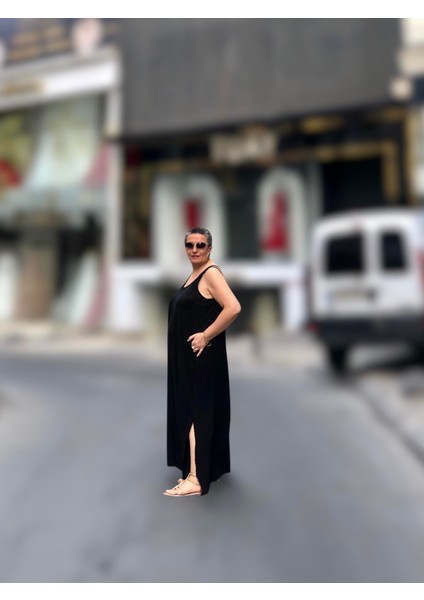 Cep Detaylı Askılı Salaş Elbise