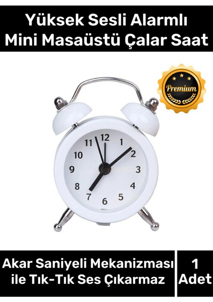 Yüksek Sesli Dekoratif Minik Çalar Saat, Beyaz, Çift Çanlı, Pilli, Masaüstü