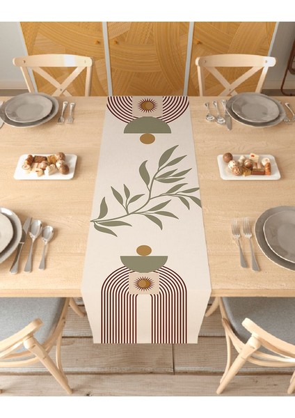 Yaprak Bohem Desenli Özel Tasarım Runner Dijital Baskılı Dekoratif Masa Örtüsü Modern Ev Dekorasyonu
