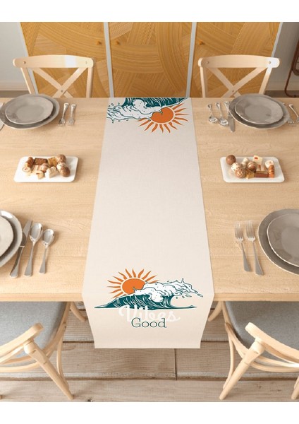 Good Vibes Deniz Desenli Özel Tasarım Runner Dijital Baskılı Dekoratif Masa Örtüsü Ev Dekorasyonu