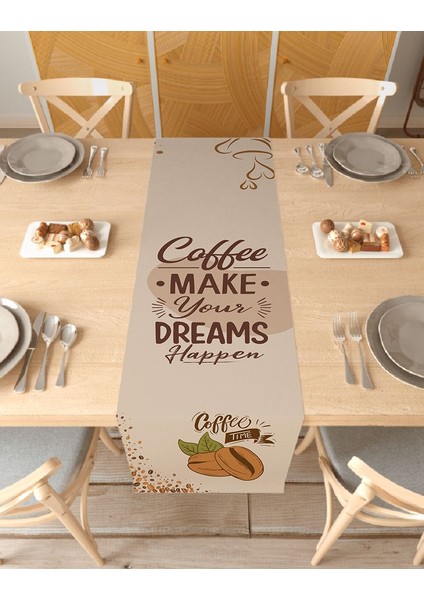 Kahve Coffee Desenli Özel Tasarım Runner Dijital Baskılı Dekoratif Masa Örtüsü Modern Ev Dekorasyonu