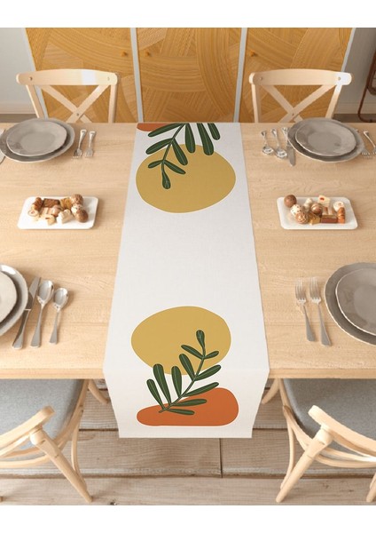 Yaprak Bohem Desenli Özel Tasarım Runner Dijital Baskılı Dekoratif Masa Örtüsü Modern Ev Dekorasyonu