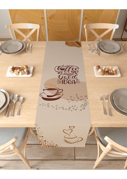 Kahve Coffee Desenli Özel Tasarım Runner Dijital Baskılı Dekoratif Masa Örtüsü Modern Ev Dekorasyonu