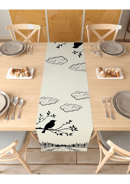 Orman Kuş Bulut Desenli Özel Tasarım Runner Dijital Baskılı Dekoratif Masa Örtüsü Şık Ev Dekorasyonu