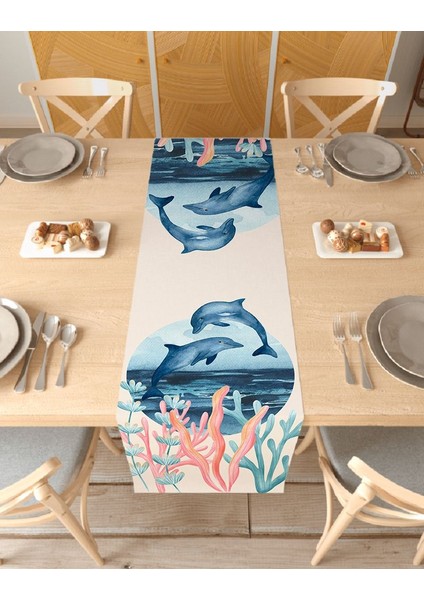 Yunus Deniz Okyanus Desenli Özel Tasarım Runner Dijital Baskılı Dekoratif Masa Örtüsü Ev Dekorasyonu