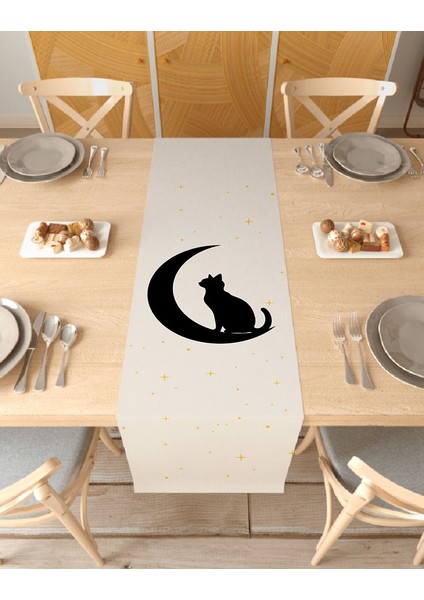 Kedi Ay Yıldız Desenli Özel Tasarım Runner Dijital Baskılı Dekoratif Masa Örtüsü Şık Ev Dekorasyonu