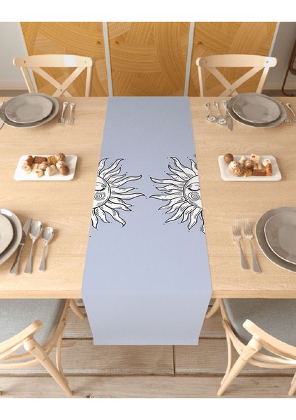 Güneş Ay Deseneli Özel Tasarım Runner Dijital Baskılı Dekoratif Masa Örtüsü Ev Dekorasyonu