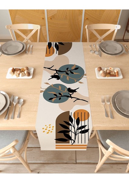 Yaprak Bohem Desenli Özel Tasarım Runner Dijital Baskılı Dekoratif Masa Örtüsü Modern Ev Dekorasyonu