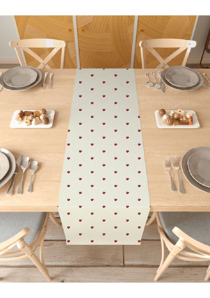 Çilek Bej Krem Desenli Özel Tasarım Runner Dijital Baskılı Dekoratif Masa Örtüsü Şık Ev Dekorasyonu