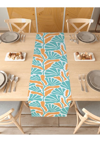 Çiçek Turkuaz Deseneli Özel Tasarım Runner Dijital Baskılı Dekoratif Masa Örtüsü Ev Dekorasyonu