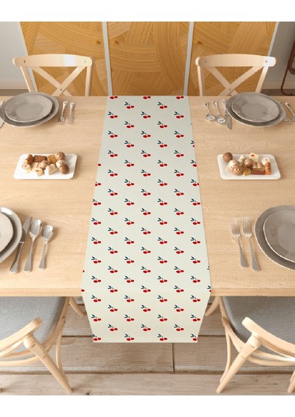 Kiraz Vişne Bej Desenli Şık Özel Tasarım Runner Dijital Baskılı Dekoratif Masa Örtüsü Ev Dekorasyonu