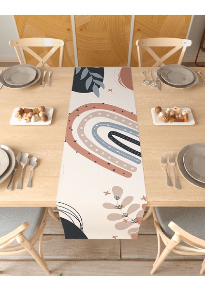 Yaprak Bohem Desenli Özel Tasarım Runner Dijital Baskılı Dekoratif Masa Örtüsü Modern Ev Dekorasyonu